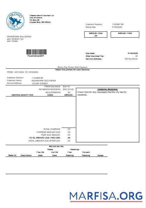 Downloadable USA Nevada Orono The Lakehore City business utility bill template in Word and PDF formats